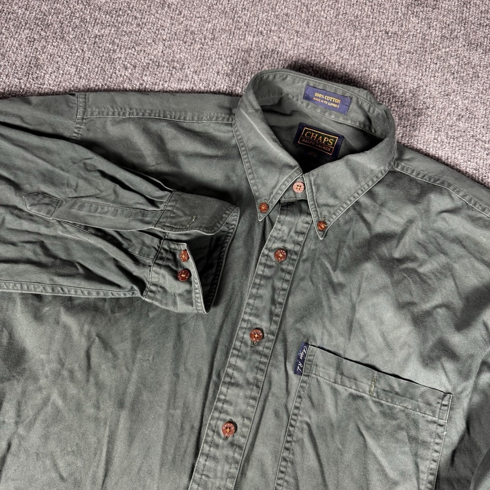 Vintage 90's Chaps Ralph Lauren Mens L Green Button Shirt‎ Casual 16 1/2 34/35